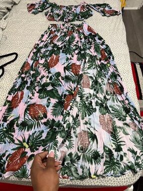 Pink Tropical Leaf Maxi Skirt Set